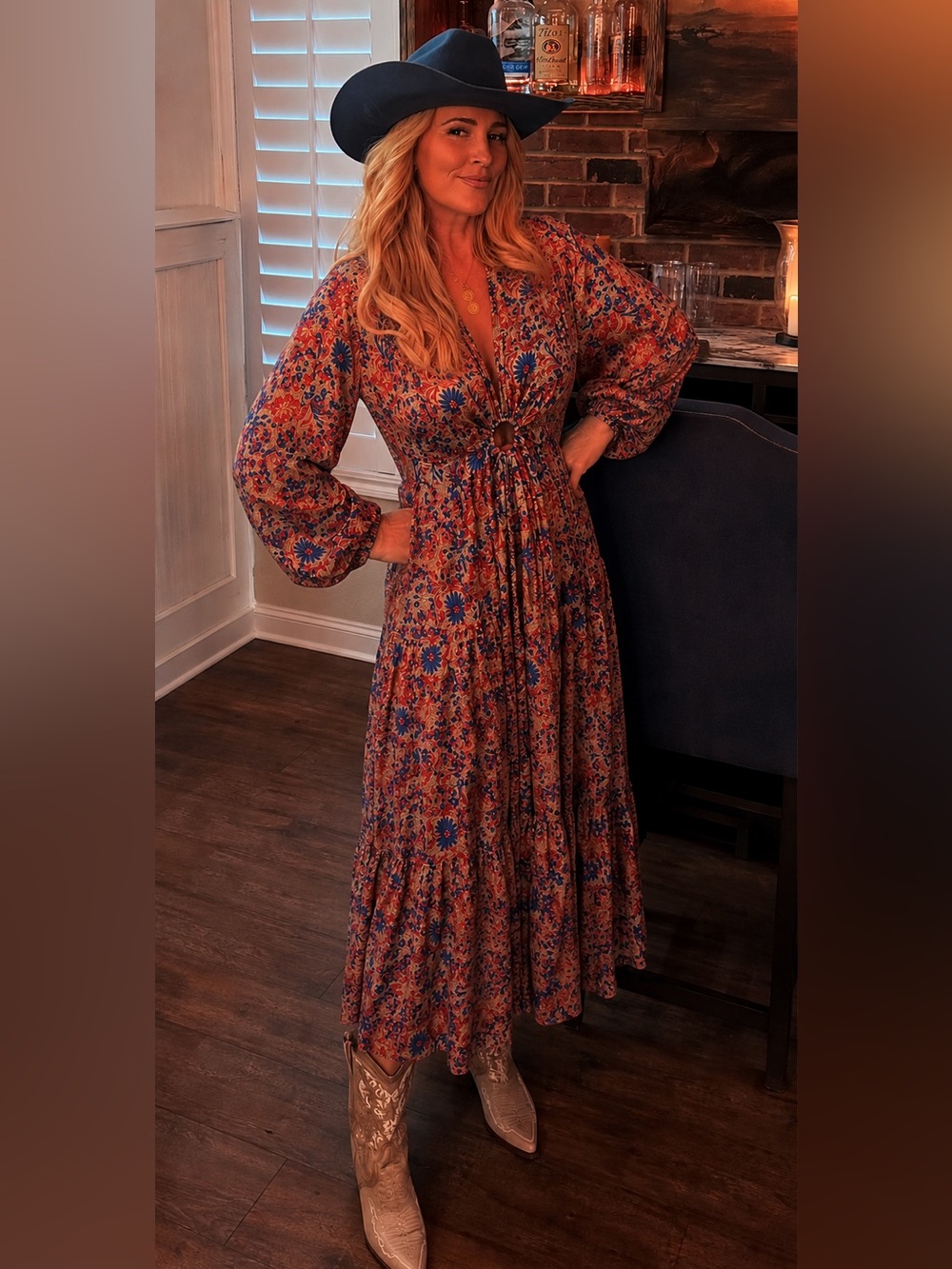 Bohemian Floral Maxi Dress in Rust & Blue - Smocked Waist